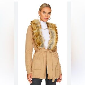 Show Me Your Mumu Cabin Cardigan with a faux fur collar in camel tan